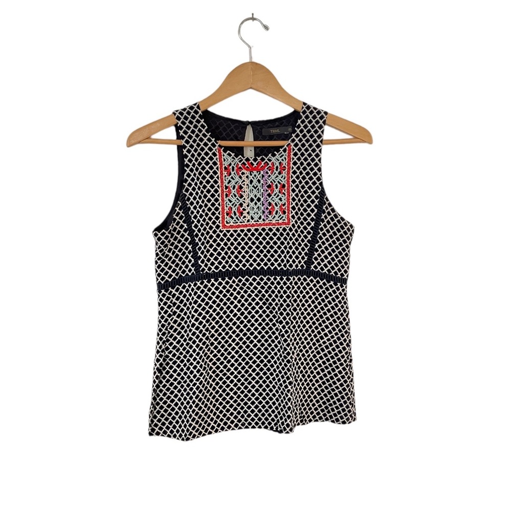 THML Black and White Geometric Sleeveless Blouse with Red Embroidery Boho XS